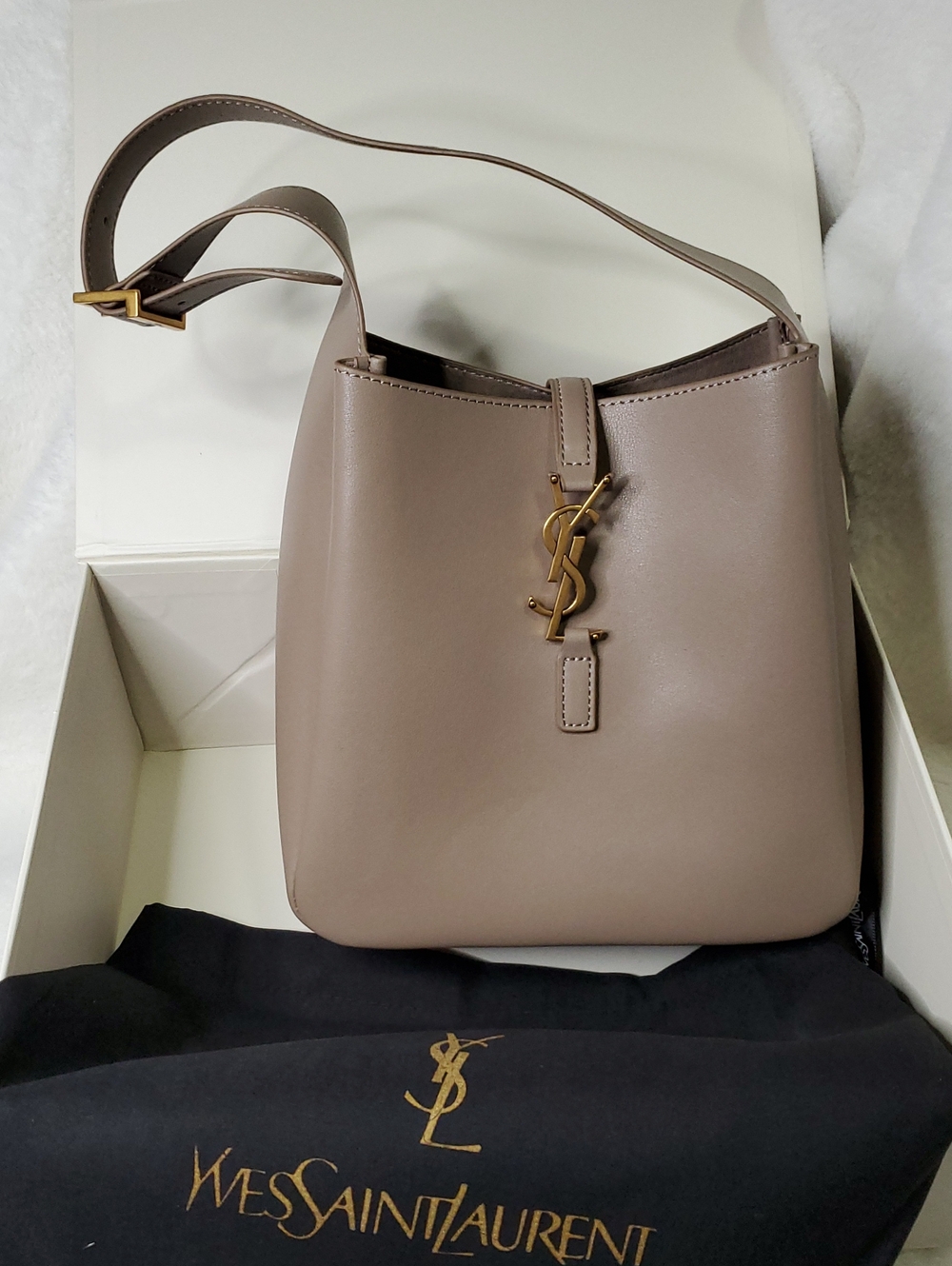 Ysl Taupe Bucket Shoulder Bag with Gold YSL Emblem